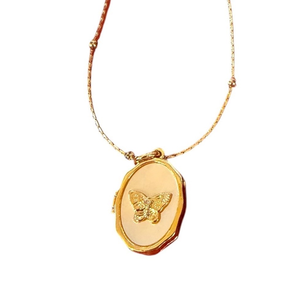 Mystic Vogue Co Gold Tone Butterfly Oval Locket Satellite Chain Necklace whimsy